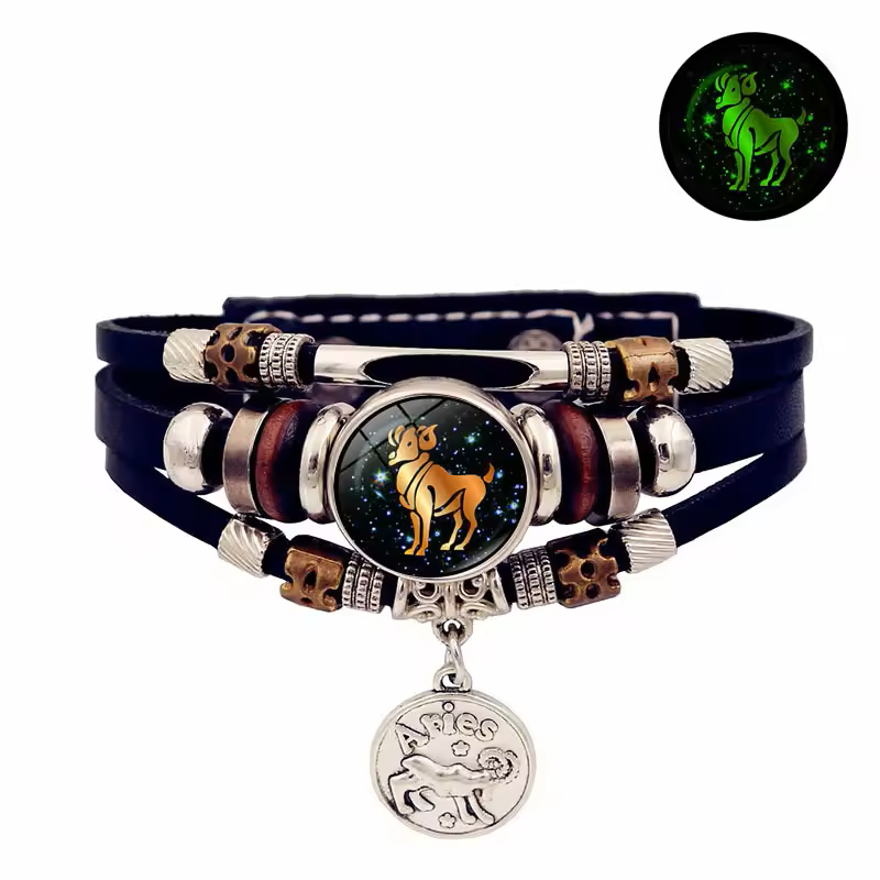 Glow-in-the-Dark Leather Zodiac Bracelet