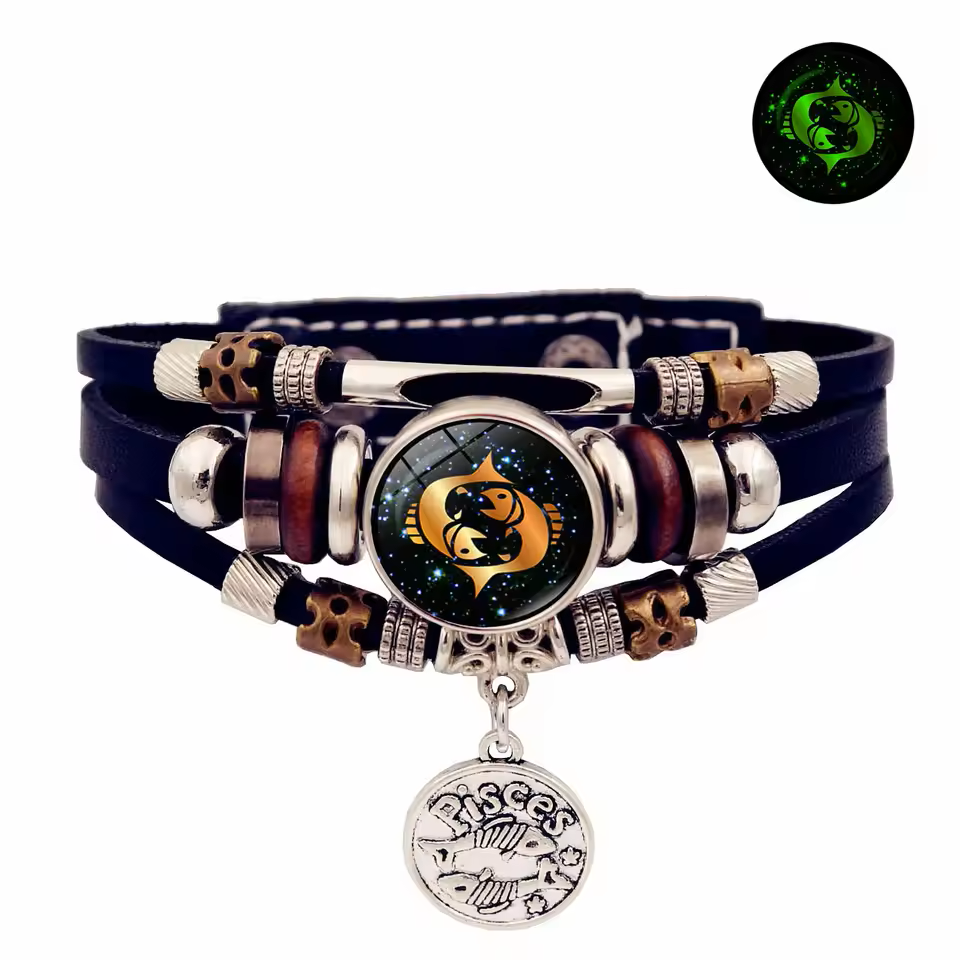 Glow-in-the-Dark Leather Zodiac Bracelet